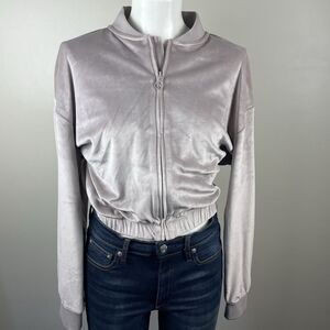 Victorias Secret Taupe Full Zip Cropped Velour Jacket Womens Size Medium Pockets